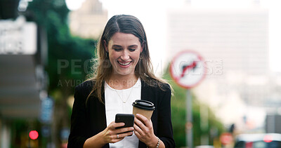 Buy stock photo Business woman, phone and happy in city, texting or notification for good news on commute with coffee. Person, smile and smartphone with chat on mobile app, drink or social media on road in Argentina