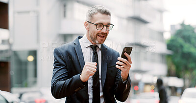 Buy stock photo Businessman, phone and fist pump in city, excited or web notification for good news on commute. Mature person, celebration and smartphone with mobile app, goals or happy with success in Australia