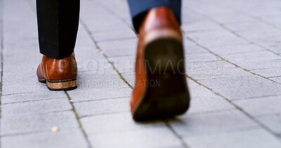 Buy stock photo Back, feet and walking with business man on ground in city for commute or travel to work location. Shoes, sidewalk and steps with corporate employee outdoor in urban town for journey as pedestrian