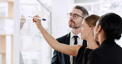 Buy stock photo Team, writing and planning for project, glass and brainstorming for investment strategy and meeting. Collaboration, colleagues and people with ideas for proposal, financial analyst or notes in office