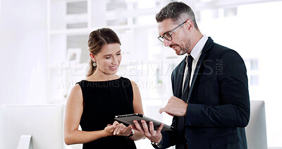 Buy stock photo Lawyer, meeting and business people on tablet in office for legal consulting, case review and planning. Collaboration, attorney and man with woman on digital tech for research, advice and feedback