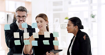 Buy stock photo Office, man and ideas with women, sticky notes or brainstorming for proposal, accountant or meeting. Glass, financial analyst and people with plan for investment, discussion and teamwork in business