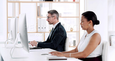 Buy stock photo Coworking, computer and typing with business people in office for report, research or planning. Tech, idea and thinking with employees in agency for productivity, information and schedule or feedback