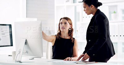 Buy stock photo Computer, pointing and business women in office for financial proposal, feedback or budget planning. Corporate, finance consultant and people on pc in discussion for project, meeting or collaboration