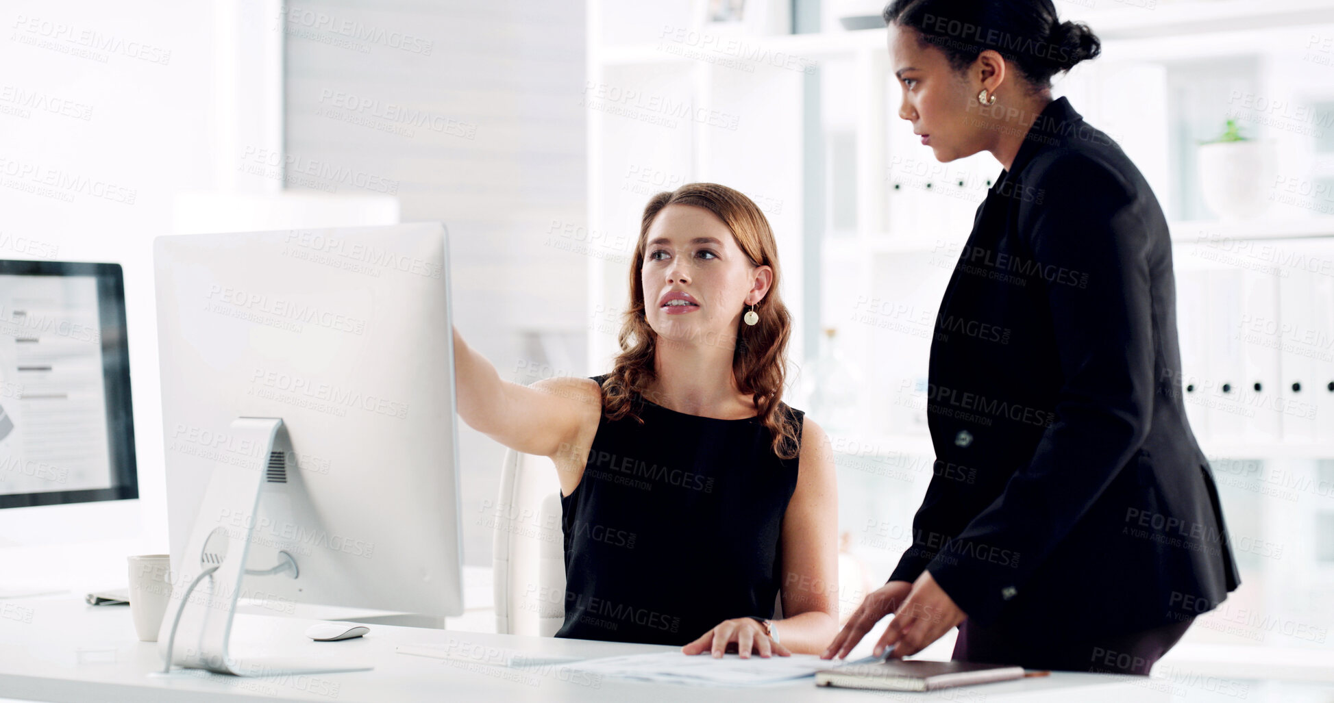 Buy stock photo Computer, pointing and business women in office for financial proposal, feedback or budget planning. Corporate, finance consultant and people on pc in discussion for project, meeting or collaboration