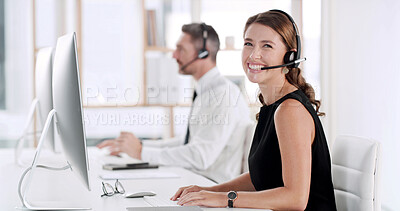 Buy stock photo Customer service, call center and business woman with portrait, computer and online help or consulting. Headset, coworking and workers for communication, virtual assistance and crm support in office