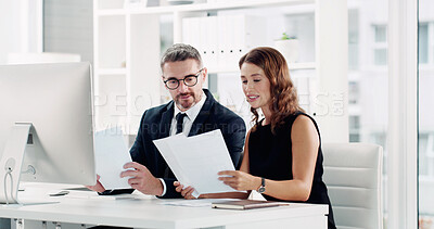 Buy stock photo Coworking, advice and business people with document for report, computer and discussion on project. Paperwork, planning and brainstorming with woman, mentor and manager for proposal review in office