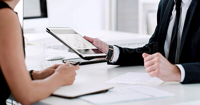 Buy stock photo Business, hands and people with tablet, financial agency and conversation with profit increase. Employees, broker and consultant in office, fintech and internet with revenue, research and investment