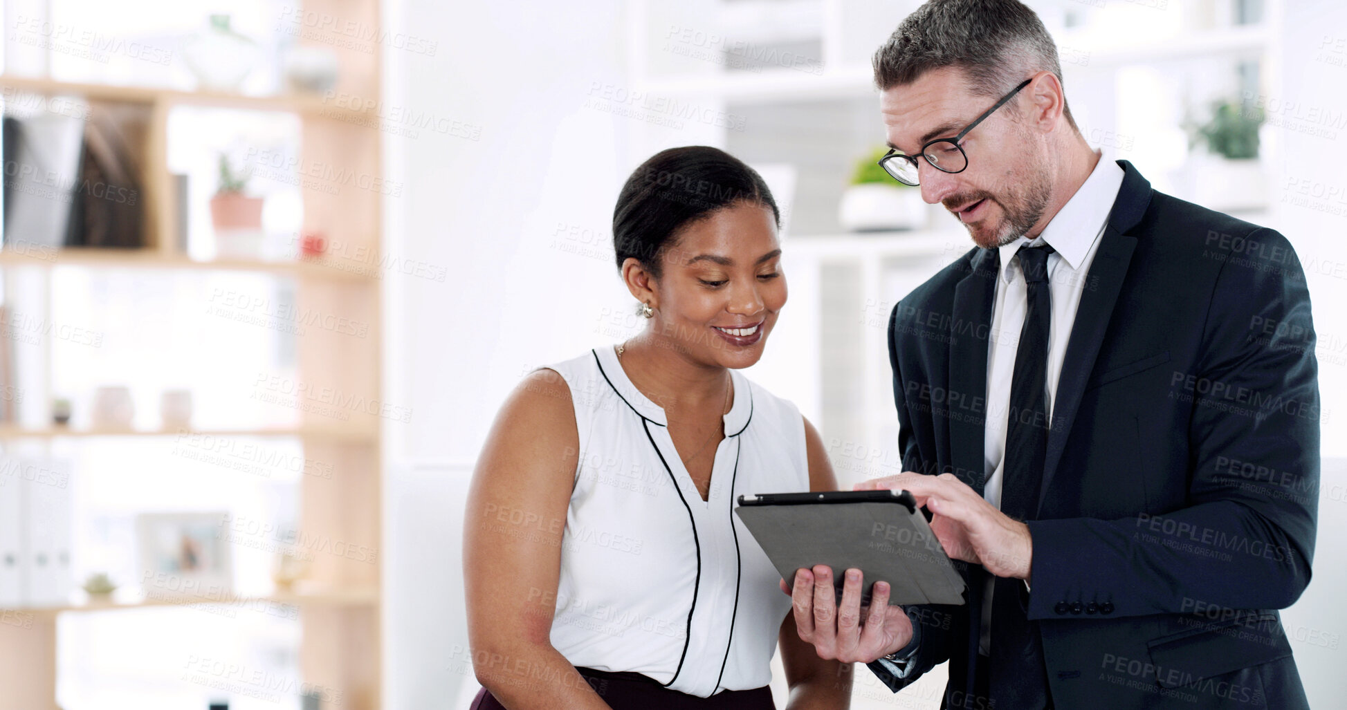 Buy stock photo Corporate, meeting and business people on tablet in office for finance consulting, budget review and planning. Collaboration, team and man with woman on digital tech for research, website or proposal