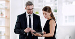 Corporate, meeting and people on tablet for legal consulting, case review and planning in office. Collaboration, attorney and man with woman on digital tech for research, advice and policy review