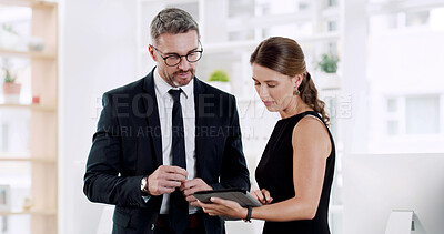 Buy stock photo Corporate, meeting and people on tablet for legal consulting, case report and planning in office. Collaboration, attorney and man with woman on digital tech for research, advice and policy review