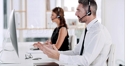 Buy stock photo Customer support, call center and businessman with advice in office for online help, contact and consulting. Headset, coworking and computer for communication, virtual assistance and crm service