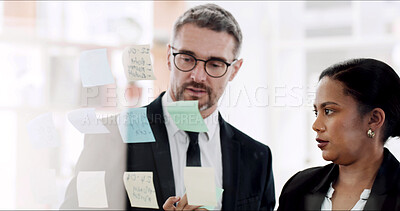 Buy stock photo Office, man and woman with sticky notes, glass or brainstorming for proposal, accountant or meeting. Collaboration, financial analyst and people with ideas for investment, discussion and planning
