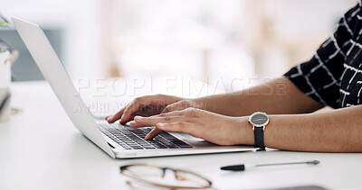 Buy stock photo Business, hands and woman with laptop, typing and research for article, email and connection. Keyboard, person and journalist in office, PC and search for website info, creativity and news reporter