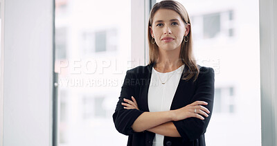 Buy stock photo Crossed arms, serious and portrait of businesswoman in office with confidence for finance career. About us, corporate and financial manager from London with pride for job development in workplace.