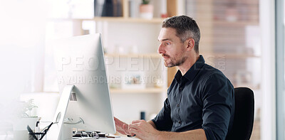 Buy stock photo Business, mature man or computer in office for reading company audit, finance report or forecasting. Financial manager, person or tech for investment management, performance review or budget planning