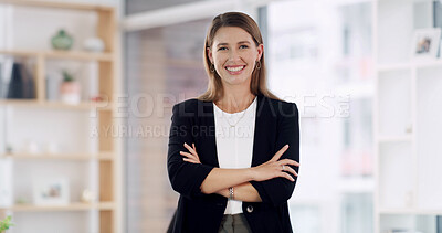 Buy stock photo Crossed arms, smile and portrait of businesswoman in office with confidence for finance career. Happy, corporate and female financial manager from London with pride for job development in workplace.