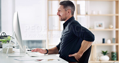 Buy stock photo Business, man and computer with back pain in office from muscle injury, bad posture or inflammation. Pressure, mature person or tech with uncomfortable ache from long hours, overworked or discomfort