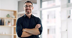 Crossed arms, happy and portrait of businessman in office with confidence for finance career. Smile, corporate and male financial manager from London with pride for job development in workplace.