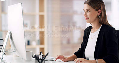Buy stock photo Typing, lawyer and woman with computer, office or employee with digital evidence for lawsuit on web. Reading, legal info and person with tech for justice, smile and planning for trial in law firm