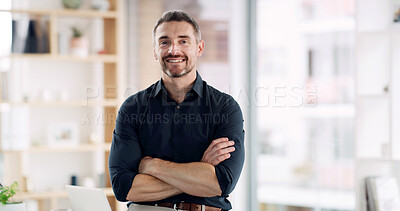 Buy stock photo Crossed arms, smile and portrait of businessman in office with confidence for finance career. Happy, corporate and male financial manager from London with pride for job development in workplace.