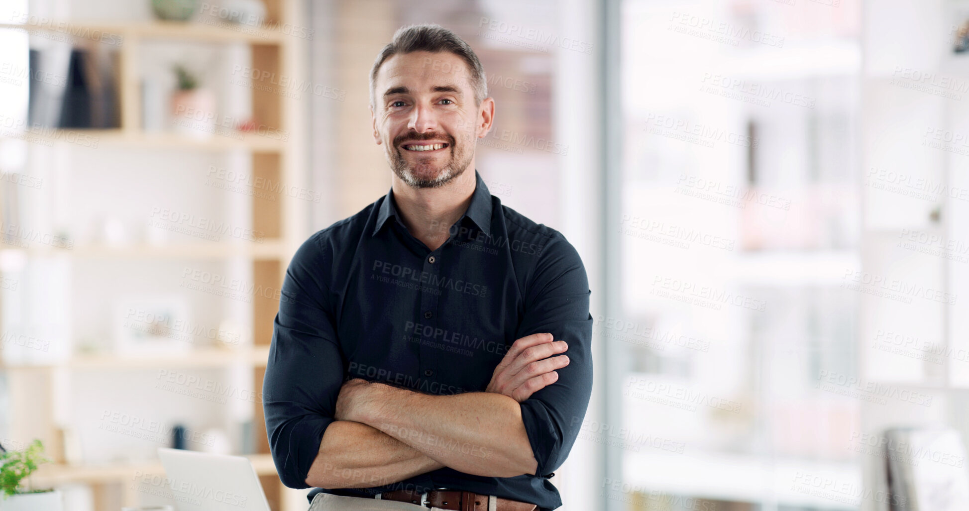 Buy stock photo Crossed arms, smile and portrait of businessman in office with confidence for finance career. Happy, corporate and male financial manager from London with pride for job development in workplace.