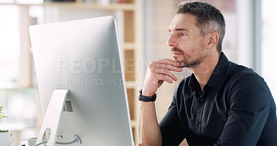 Buy stock photo Computer, thinking and businessman in office with research for finance report with online email. Technology, professional and mature financial manager working on investment proposal in workplace.