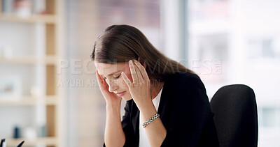 Buy stock photo Migraine, stress and businesswoman in office with burnout, frustration or workload pressure. Mental health, fatigue and female lawyer with headache, tired or exhaustion in career at workplace.
