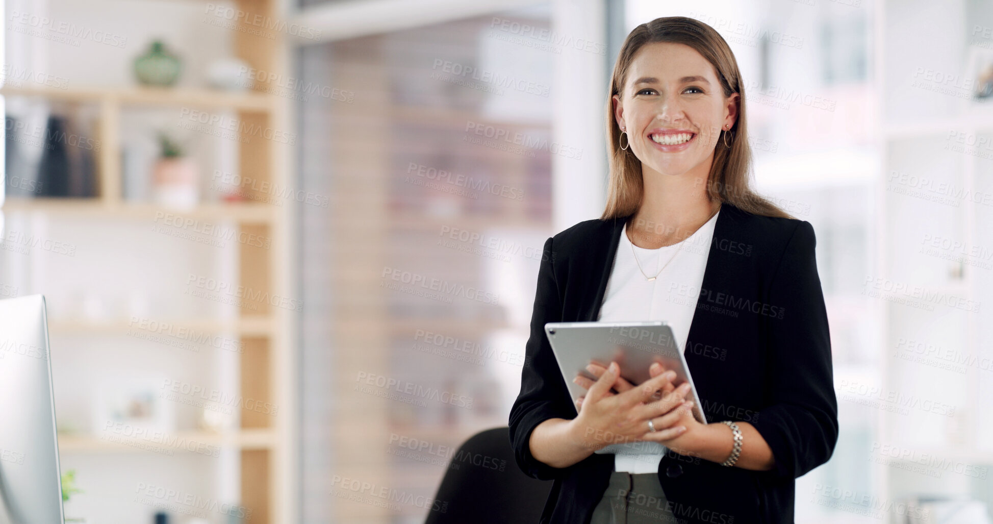 Buy stock photo Portrait, tablet and business woman in office for online project, investment research and website. Professional, space and person on digital tech for financial report, budget review and planning