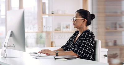 Buy stock photo Business, woman and typing on computer in office for company audit, finance report or schedule. Financial manager, person and technology for investment management, budget proposal or risk assessment