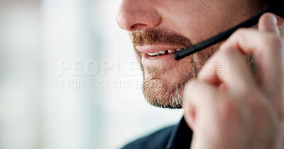 Buy stock photo Mouth, call center and headset with business man for online banking, customer support and research. Virtual advisor, help desk and communication with person in agency for account FAQ and space