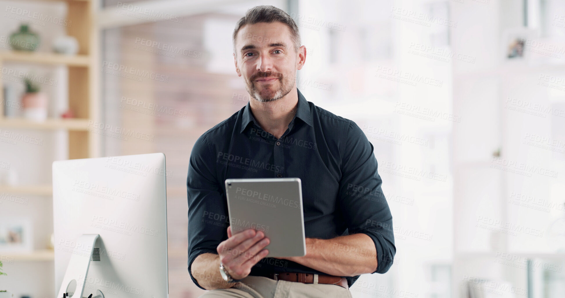 Buy stock photo Portrait, tablet and business man in office for online project, investment research or website. Professional, company and mature person on digital tech for financial report, budget review or planning