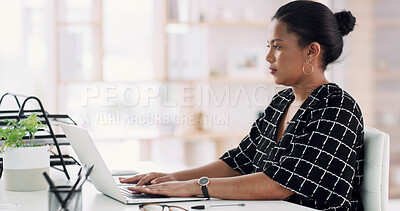 Buy stock photo Business, laptop and woman with online reading, typing and email with digital report. Financial agency, accounting and person in office, pc or internet with company revenue, stats analysis or invest