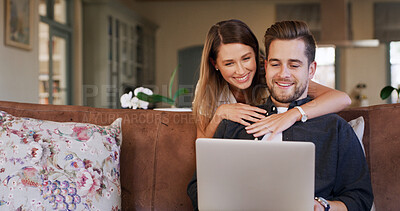 Buy stock photo Online shopping, couple and browsing with laptop, house and planning for trip, together and bonding. Hug, man and happy with woman in lounge, smile and purchase of tickets or booking flight on web