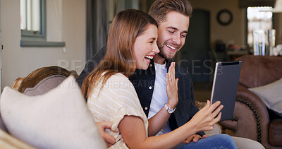 Buy stock photo Happy couple, engagement ring and video call on tablet in house living room for announcement. Smile, celebrate or excited people speaking online for relationship, marriage and virtual chat together