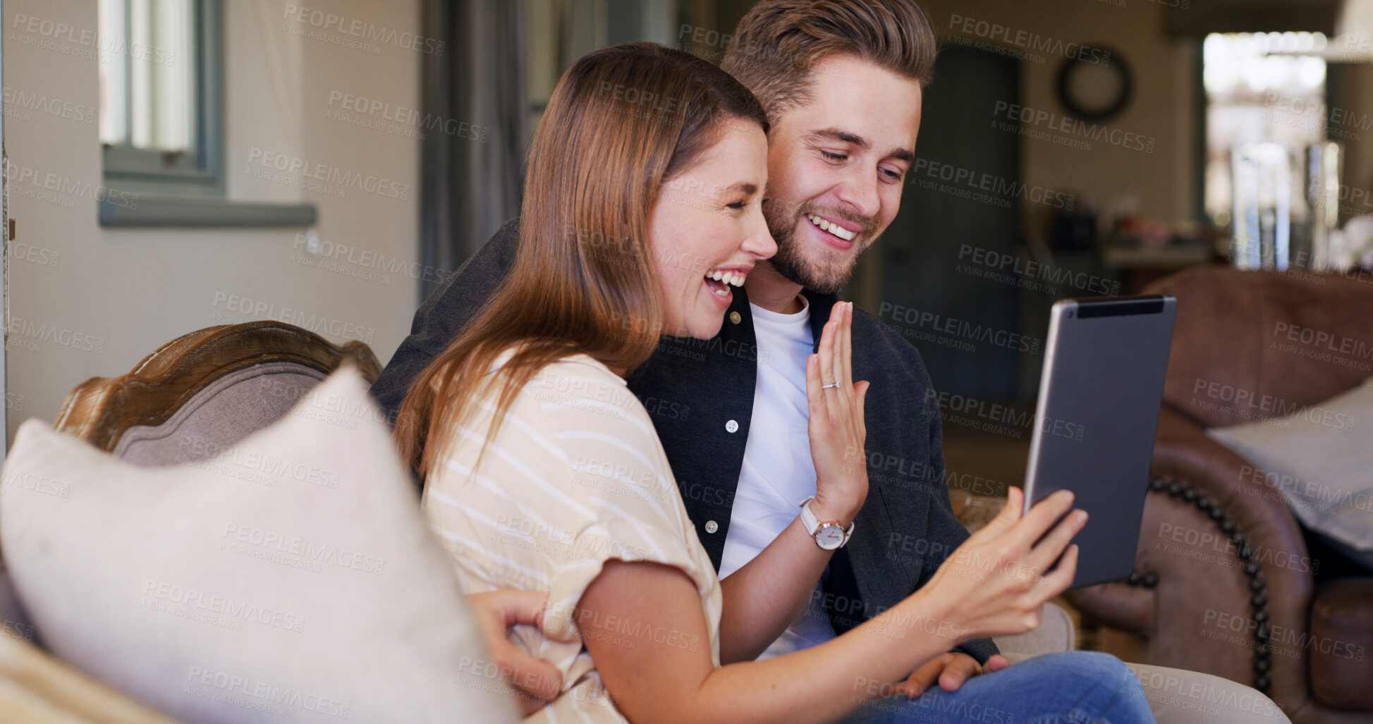 Buy stock photo Happy couple, engagement ring and video call on tablet in house living room for announcement. Smile, celebrate or excited people speaking online for relationship, marriage and virtual chat together