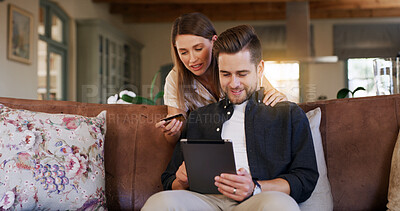 Buy stock photo Home, credit card and couple with tablet, online shopping and ecommerce with purchase. Apartment, technology and man with woman, payment and digital banking with transaction, mortgage and sales app