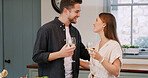 Happy, talking and couple with wine in home to celebrate anniversary, bonding and relationship. Relax, love and man with woman embrace with drink for conversation, commitment and romance in house