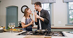 Love, couple and cooking with singing in kitchen for dinner date, meal prep and anniversary karaoke. Happy, people and wooden spoon for relationship song, music performance and lunch recipe in home