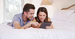 Morning, couple and relax with tablet on bed for social media scrolling, online news or movie search. Happy, people and digital app in home for internet browsing, weekend break and bonding in bedroom