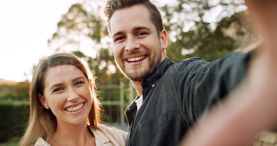 Buy stock photo Happy, selfie and portrait of couple in park for relationship, social media and relax together outdoor. Pov, dating and man with woman in nature with picture, online post and memory for bonding