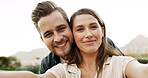 Smile, selfie and portrait of happy couple in park for relationship, social media and relax together outdoor. Pov, dating and man with woman in nature with picture, online post and memory for bonding