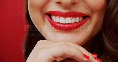 Buy stock photo Teeth, lipstick and woman in studio for beauty, makeup and cosmetology with smile on background. Red lips, happy female person with glamour or color for luxury cosmetics with aesthetic or whitening
