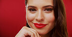 Portrait, lipstick and woman in studio with makeup, beauty and cosmetology on background. Red lips, female person and model with glamour, space and luxury cosmetics for aesthetic and glow or shine