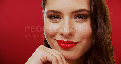 Buy stock photo Portrait, lipstick and woman in studio with makeup, beauty and cosmetology on background. Red lips, female person and model with glamour, space and luxury cosmetics for aesthetic and glow or shine