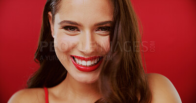 Buy stock photo Portrait, lipstick and woman in studio with beauty, makeup and cosmetology on background. Red lips, female person and model with glamour, bold color and luxury cosmetics with aesthetic and glow