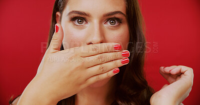 Buy stock photo Surprise, fashion and beauty with portrait of woman in studio for news, announcement and giveaway. Deal, shocked and wow with model on red background for secret, discount and OMG sale or gossip