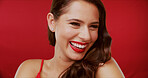 Smile, lipstick and woman in studio with makeup, beauty and cosmetology on background. Red lips, female person and model with glamour, bold color and luxury cosmetics with aesthetic and glow or shine