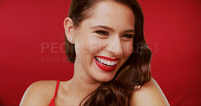 Buy stock photo Smile, lipstick and woman in studio with makeup, beauty and cosmetology on background. Red lips, female person and model with glamour, bold color and luxury cosmetics with aesthetic and glow or shine