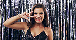 Streamers, peace sign and portrait of woman at party for New Years Eve, club event and celebration. Happy, nightclub and person with emoji, sparkle and fashion for disco, rave and entertainment